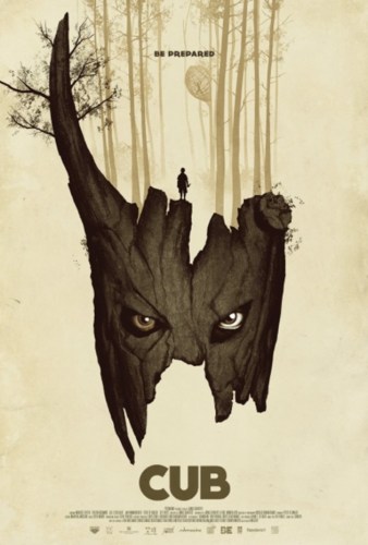 Cub poster featuring illustration of a mask made from tree bark and a forest and silhouette of a man in the background 