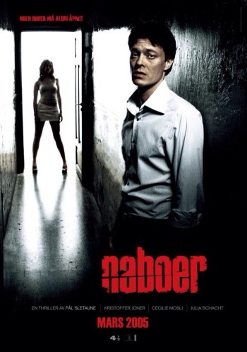 Naboer poster featuring title and a man standing in a hallway with a woman silhouetted in a doorway at the end
