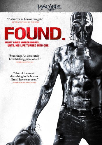 found poster featuring shirtless man in a gas mask holding a head mostly out of frame 