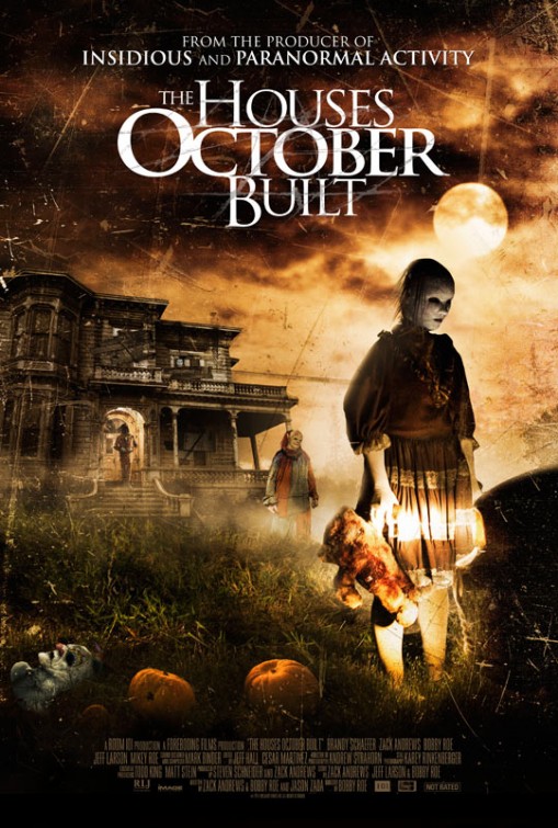 houses october built poster featuring title and woman in a mask holding a teddy bear standing in front of a creepy house