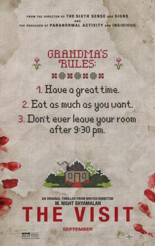 the visit poster featuring the title and a Crosstitch of a home with bloody fingerprints near it and text that says Grandma‘s rules number one have a good time number two eat as much as you want number three never leave your room after 9:30 PM