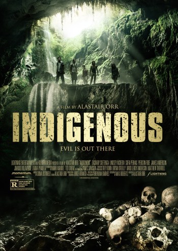 indigenous poster featuring a group of people looking into a cave strewn with human bones