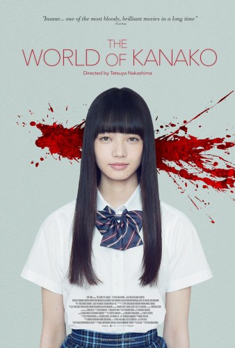 world of kanako poster featuring title and a smiling Japanese girl in school uniform with a spray of blood on the wall behind her