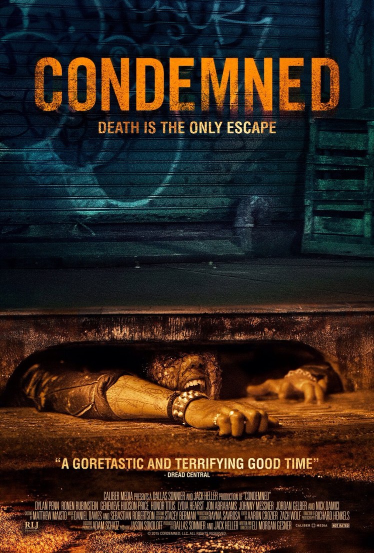 Condemned poster featuring title and close-up of drain in roadside curb with zombie like woman peeking out