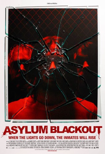 asylum blackout poster featuring title and three men behind broken glass