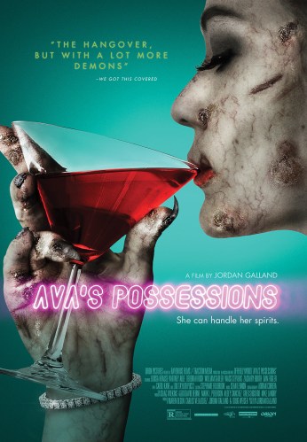 Ava’s possessions poster featuring title and a close up of a zombie looking woman sipping red liquid from a martini glass
