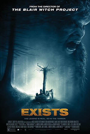 Exists featuring a Sasquatch superimposed or a wooded road with tall tree stump piercing through an upside down car
