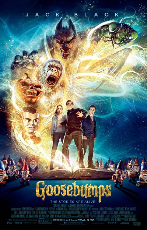 goosebumps poster featuring title and three people standing in front of a book that has monsters swirling out of it with gnomes all around