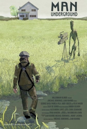 man underground poster featuring title and man in a exploration suit in a field with an alien running a movie camera