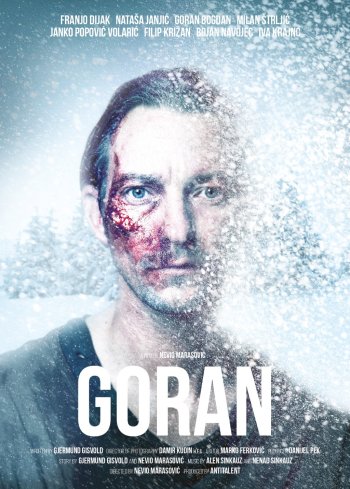 goran poster featuring title and man with bloody face looking at camera 