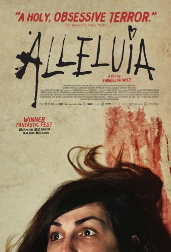 alleluia poster featuring title and close up of woman with blood on wall behind her head