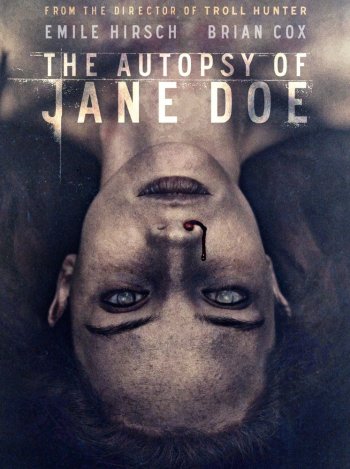 autopsy of Jane doe poster featuring title and an upside down close shot of a woman’s face. She has decomposed eyes and blood trailing from her nose