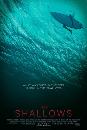 shallows poster featuring title and an underwater view of a surfboard with legs dangling to the sides