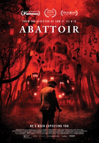 abattoir poster featuring the title and a man in front of a house with a skull superimposed over it