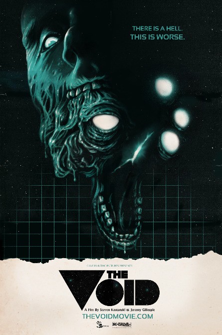 The Void poster featuring the title and an illustration of a stretched, mutated face with glowing eyes