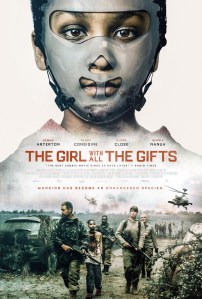 The girl with all the gifts poster featuring the title and a girl wearing a clear mask over her face with people w guns superimposed over the lower section