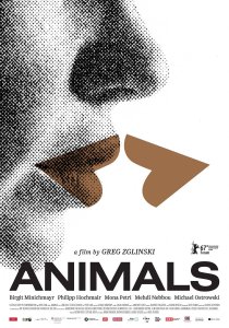 Animals poster title with drawing of a woman’s face in profile. Her lips are colored and there is a disembodied mirror image of her lips facing her 