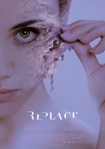 replace poster of title and close up of woman’s face as she peels skin from her cheek