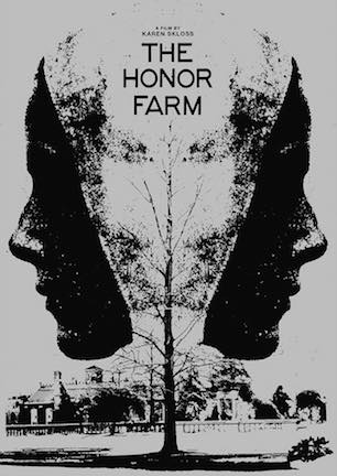 the honor farm poster with title and image of a tree, a building and two faces