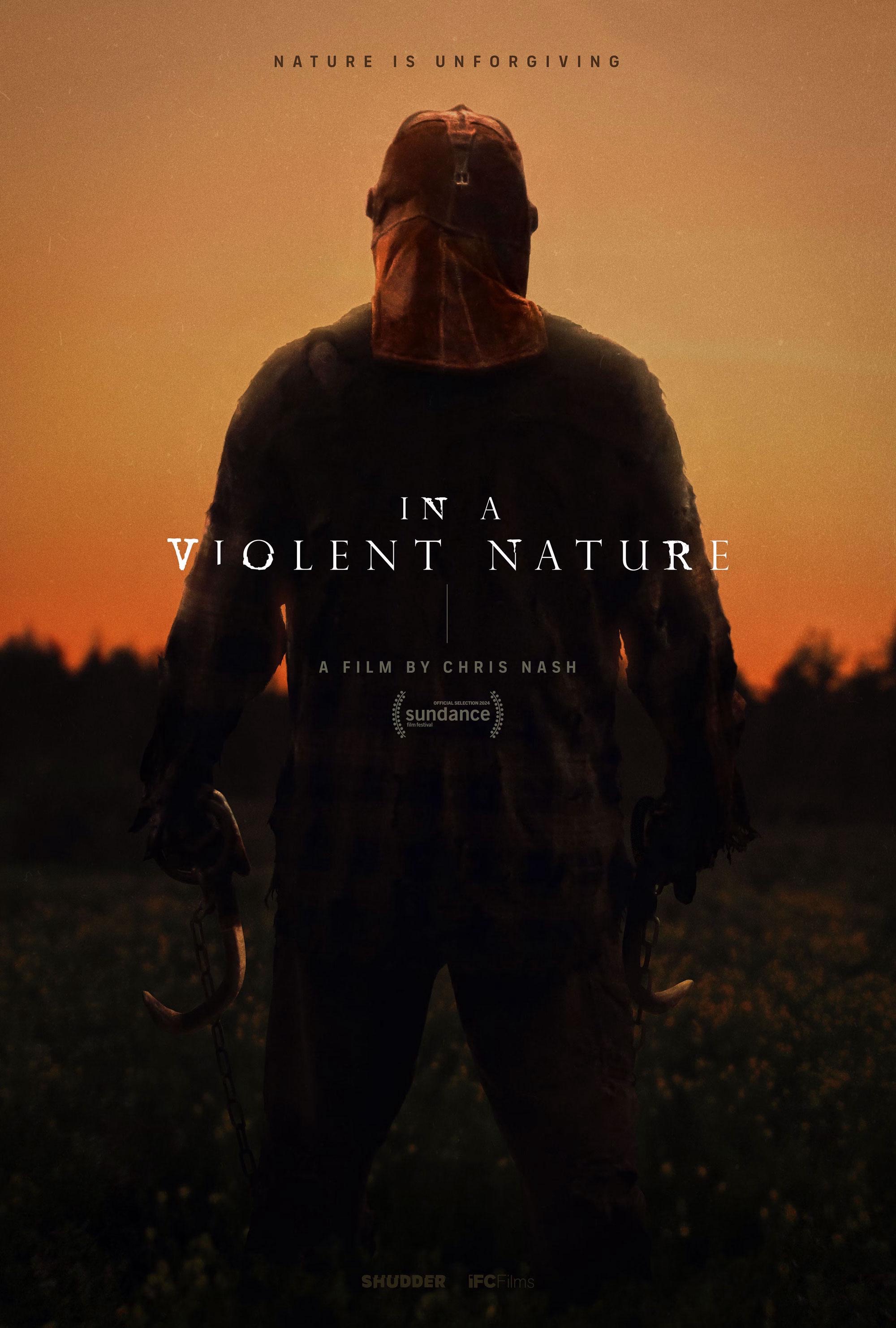 In a violent nature poster featuring a masked man against a background of a forest