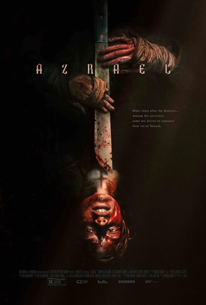 Azrael poster featuring title and upside-down bloodied woman holding a machete with a cross shaped scar on her throat