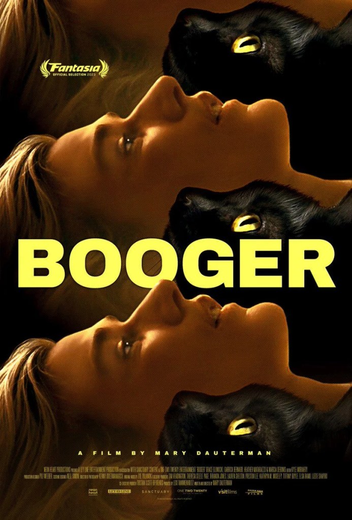 Booger poster featuring title and repeating images of a cat's face and a woman's face