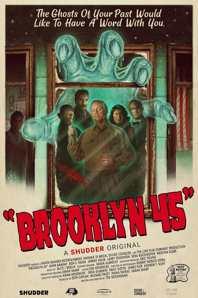 Brooklyn 45 poster featuring title and group of middle aged people standing in a window with a giant ghost hand looming over them