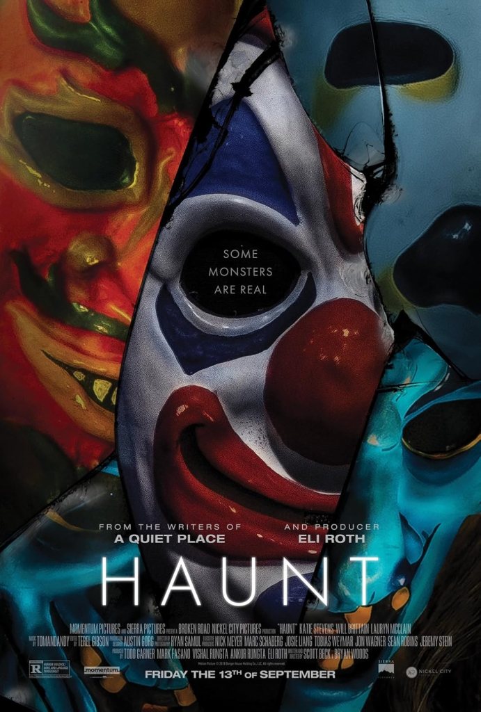 haunt poster featuring title and collage of fractured halloween masks with the tagline "some monsters are real"
