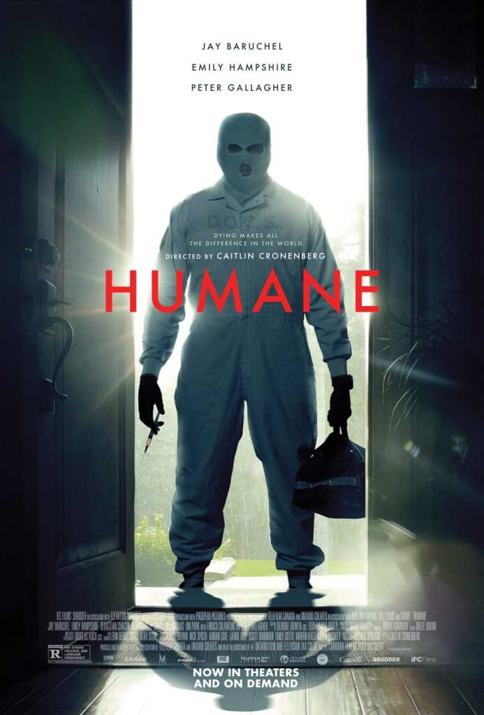 Humane poster featuring title and man in a hazmat suit and ski mask holding a syringe and a duffle bag