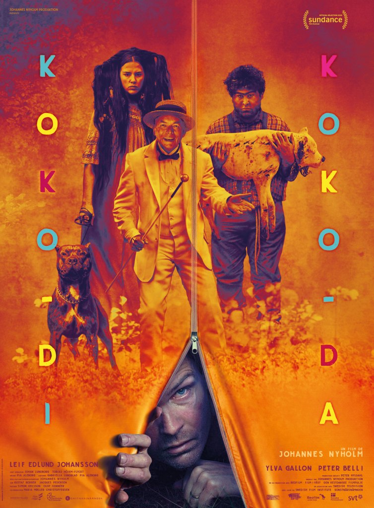 Koko-di Koko-da poster featuring title and the killer trio described in this review. the poster is bisected by a zipper open at the bottom with a man peeking out of a small gap