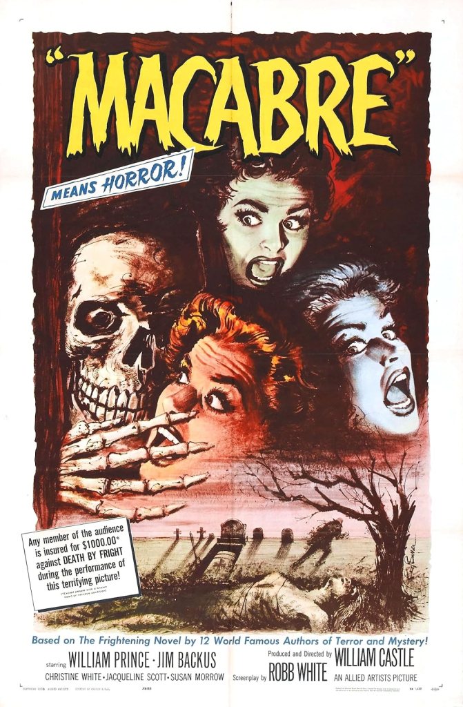 Macabre poster featuring title and illustrations of screaming women's faces menaced by a skull and reaching skeleton hand all looming large above a sketchy drawing of a running figure in a cemetary