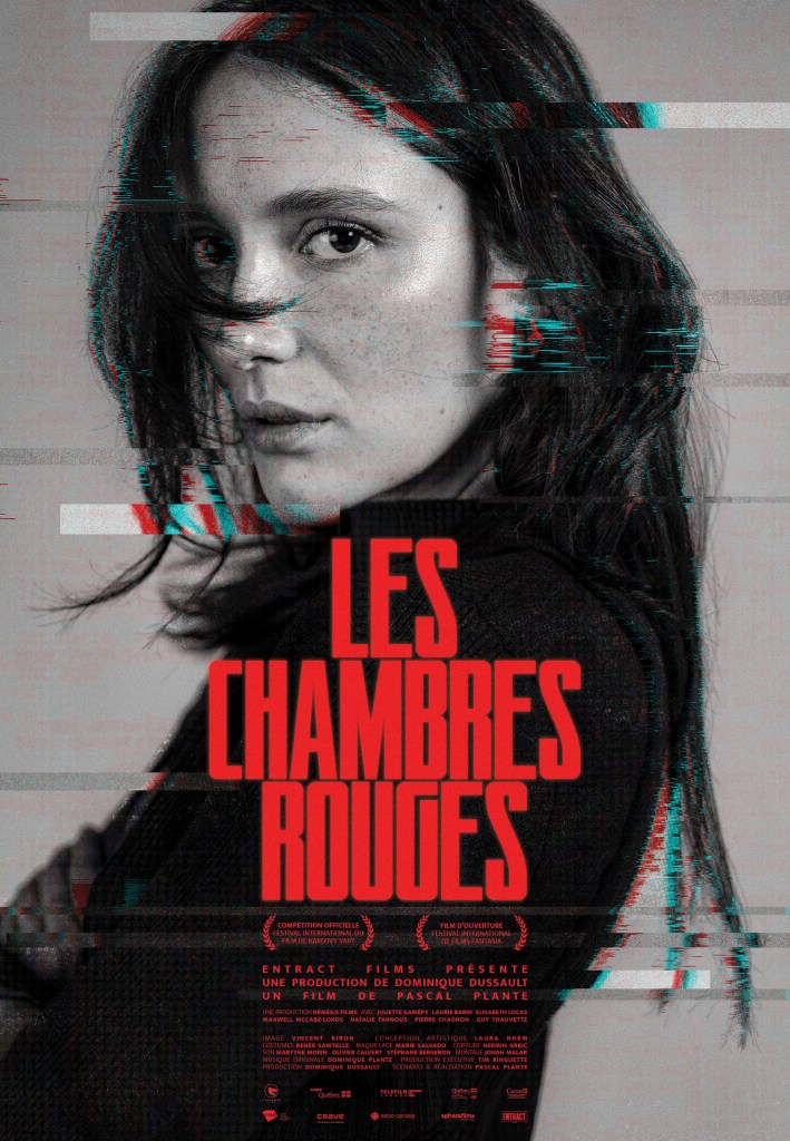 Red Rooms poster featuring title and a woman looking at camera. The image is distorted with digital video artifacts