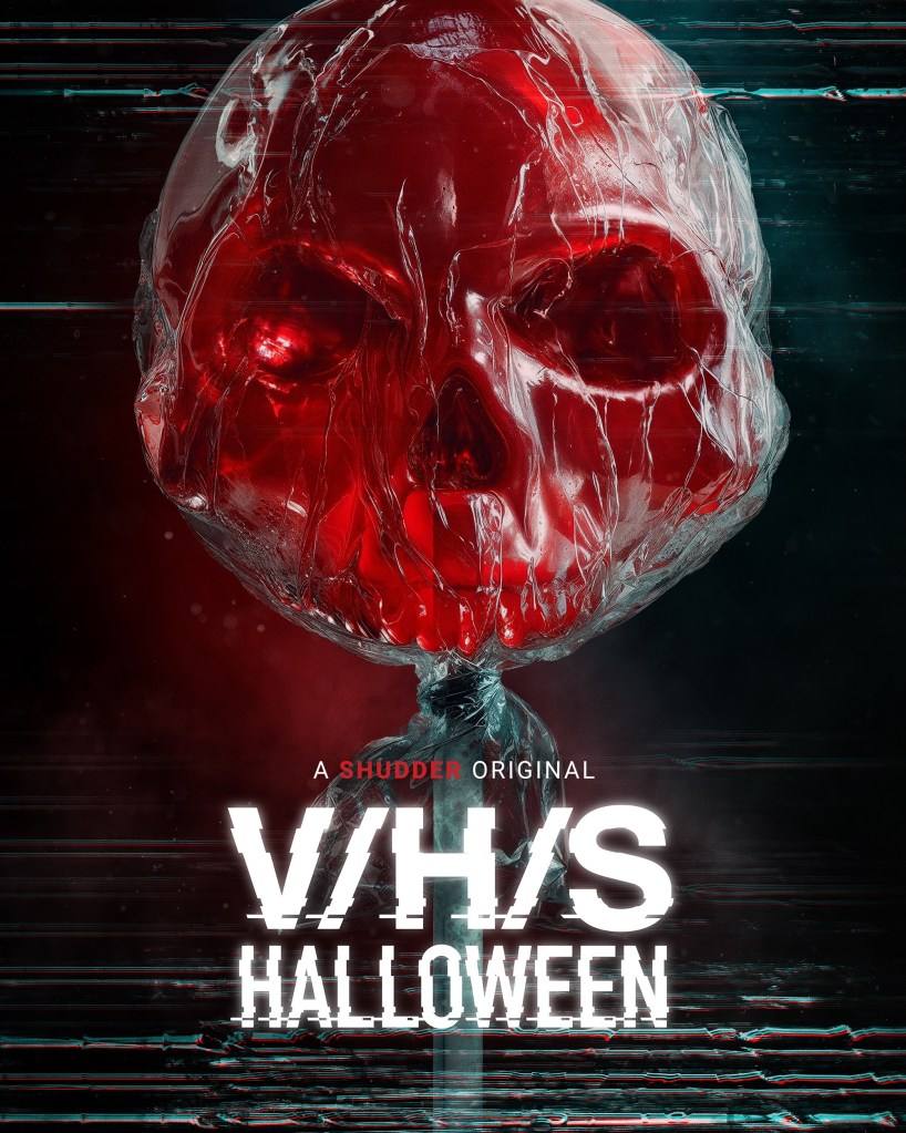 VHS Halloween poster featuring title and a lollipop in a clear wrapper in the shape of a skull the color of blood