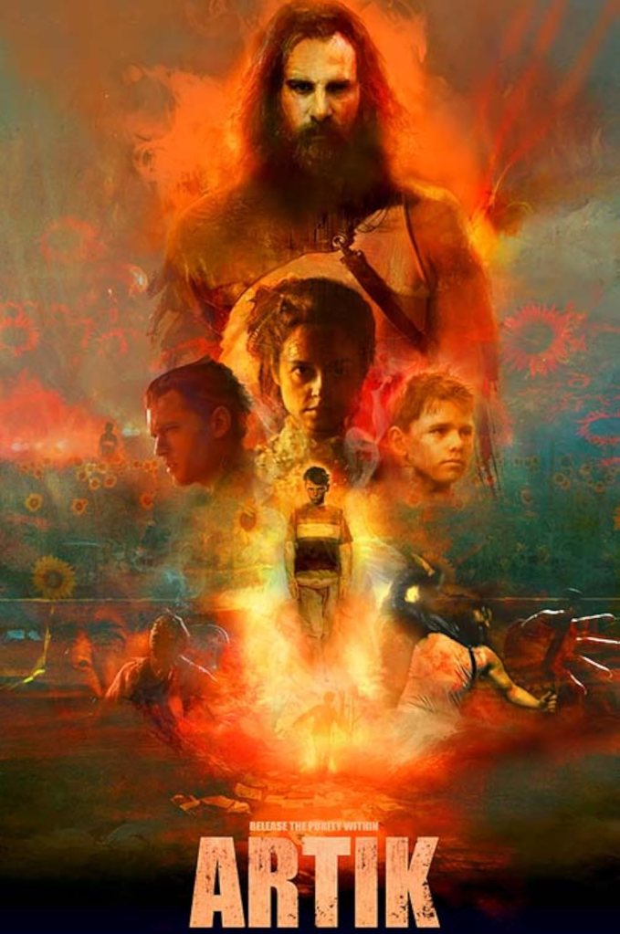 artik poster in painted style featuring title and cast in front of hulking bearded man