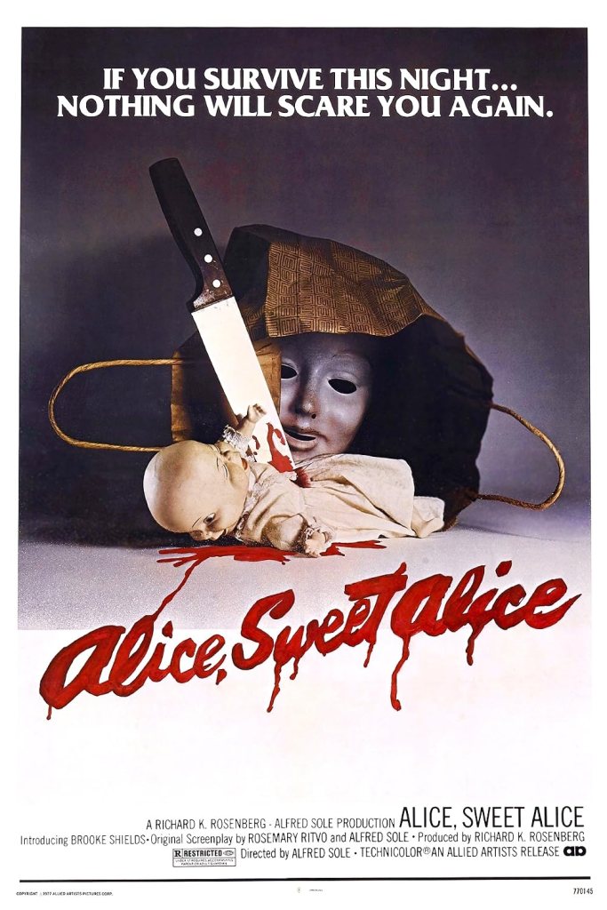 Alice, Sweet Alice poster featuring title and brown paper bag spilling out a mask and a bloody knife stabbing a doll