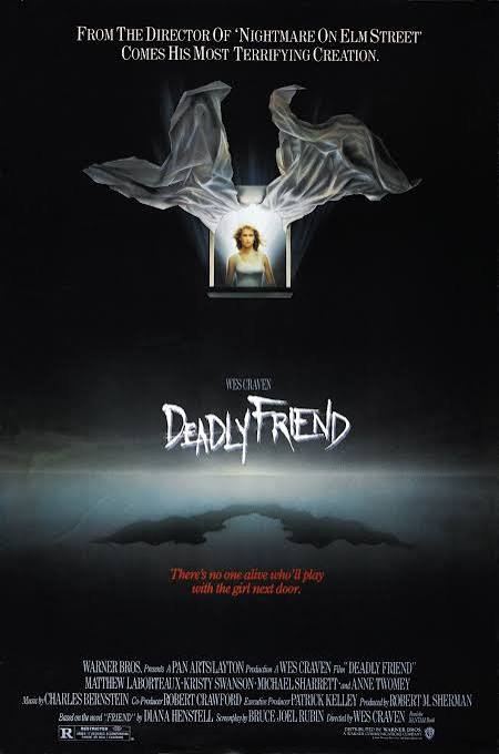 Deadly Friend poster featuring title and lighted window with curtains blowing out framing a woman in a tank top