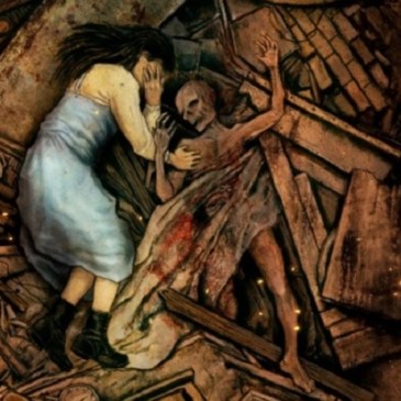 illustration of a woman laying next to a corpse among wreckage
