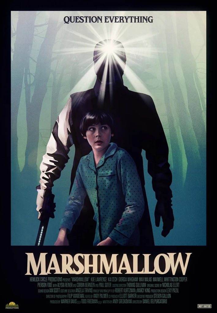 marshmallow poster featuring title and image of boy standing in front of a man in shadow with a light on his head