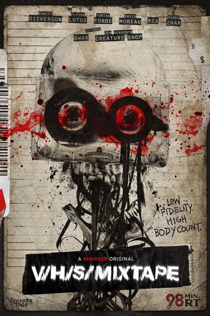VHS Mixtape poster featuring title and skull with spools of magnetic tape from a cassette for eyes
