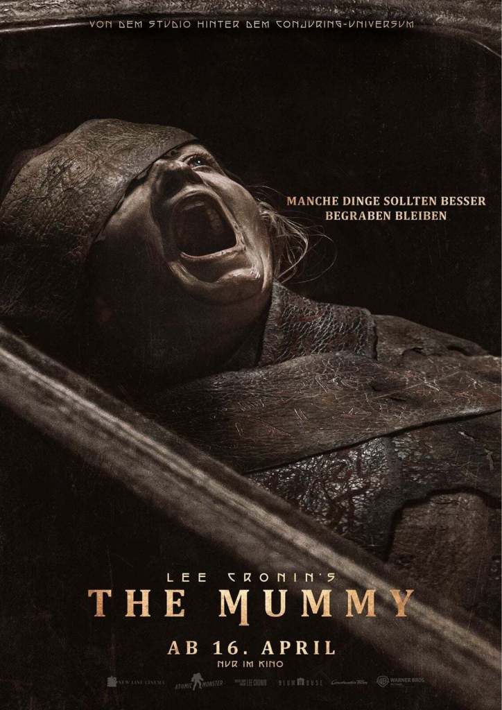 Lee Cronin's The Mummy poster featuring title and screaming girl partially wrapped in leathery strips of material