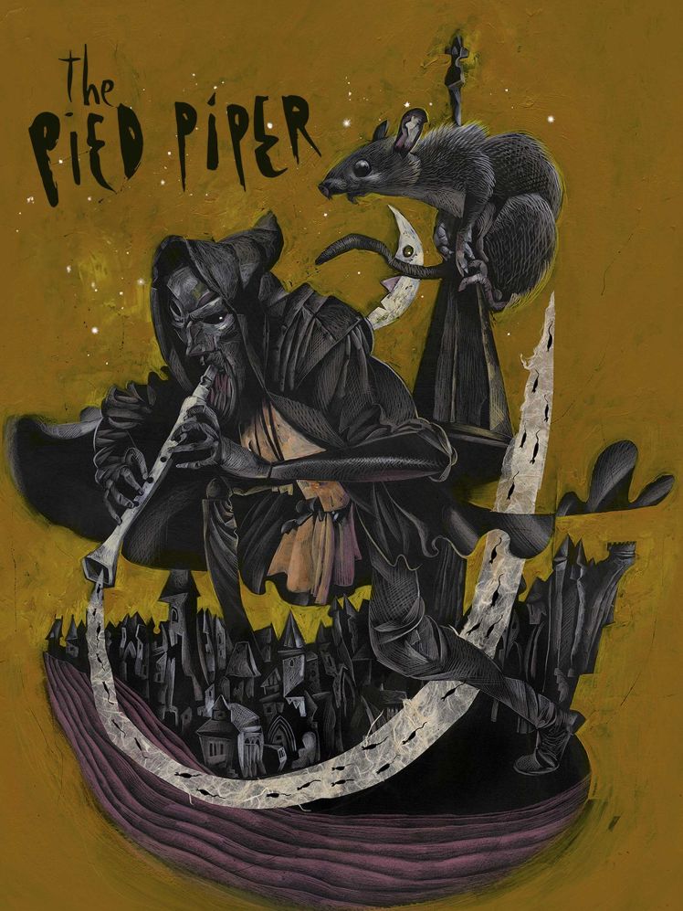 piped piper poster featuring title and illustration of a hooded man playing a flute with a large rat behind him