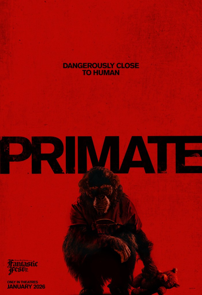 Primate poster featuring title and chimpanzee holding a teddy bear