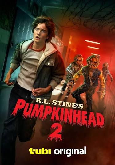 Boy running away from three scarecrows with jack-o-lantern heads