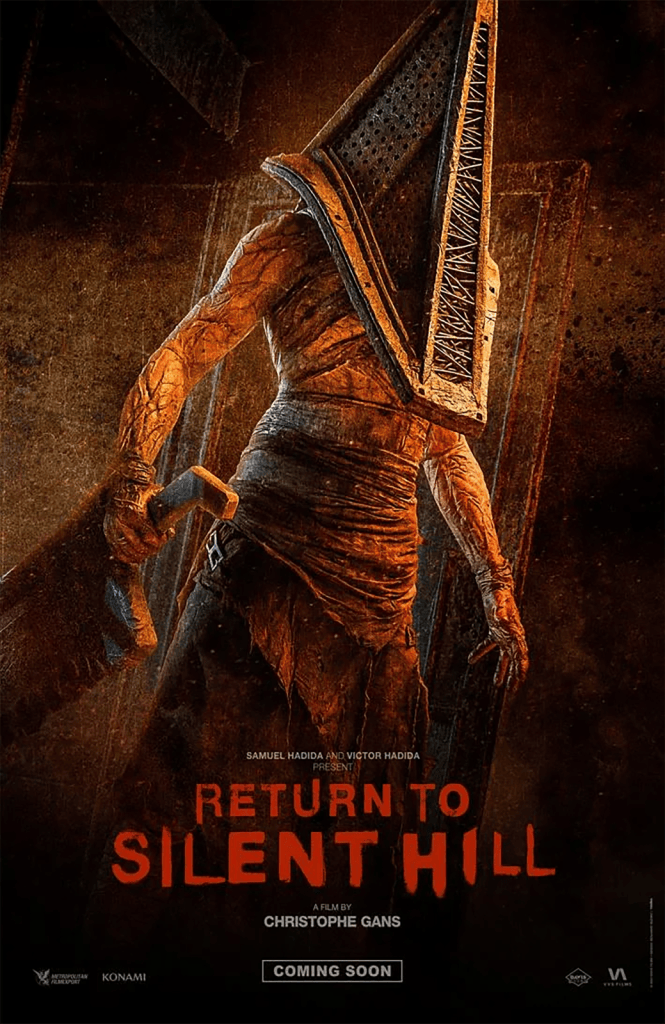 Return to Silent Hill poster featuring title and a hulking man with a metal pyramid over his head holding a huge sword
