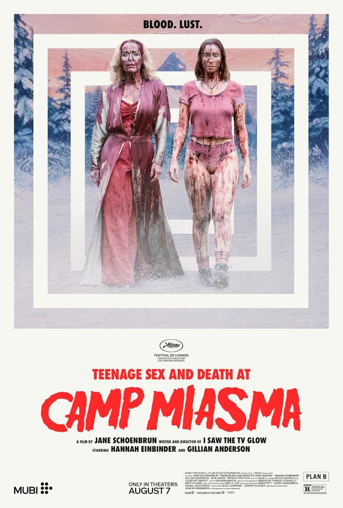 Teenage sex and death at camp miasma poster featuring title and two women covered in blood walking toward camera